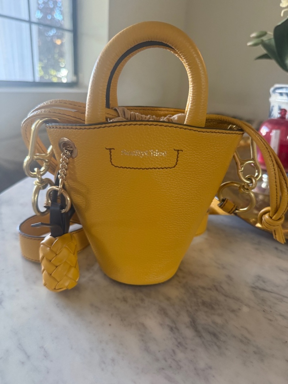 See By Chloé Yellow Mini Bucket Bag with Woven Charm